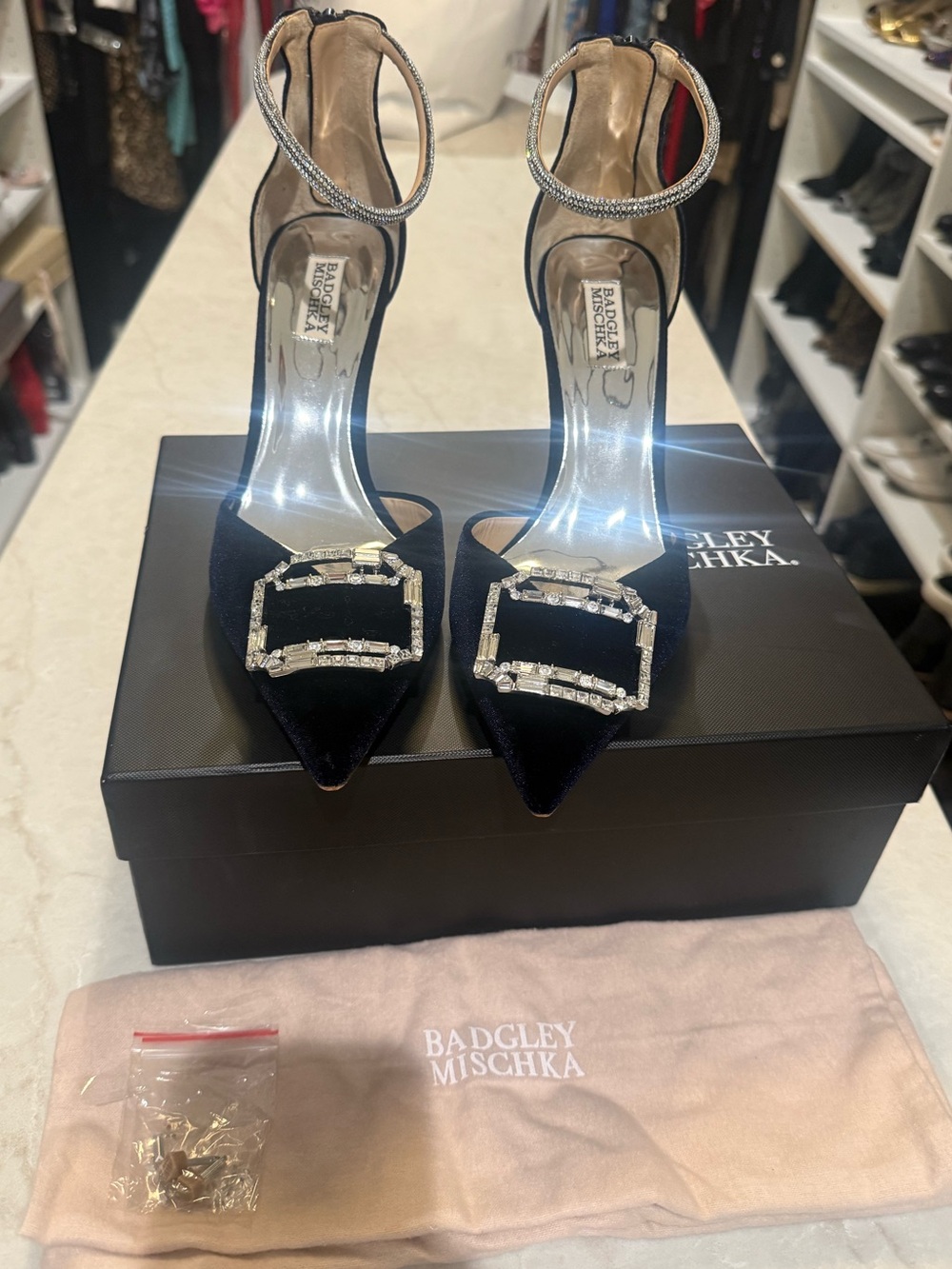 BADGLEY MISCHKA ankle Strap Embellished Marlow navy Stiletto with crystal New 11